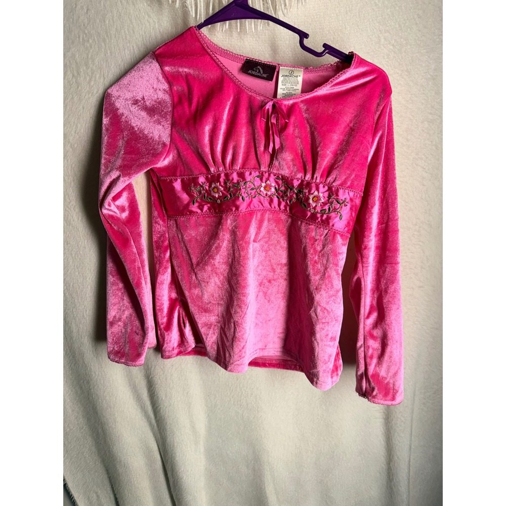 Jordache Kids Pink Velvet Floral Embroidered Empire Waist Top Size L 10/12
